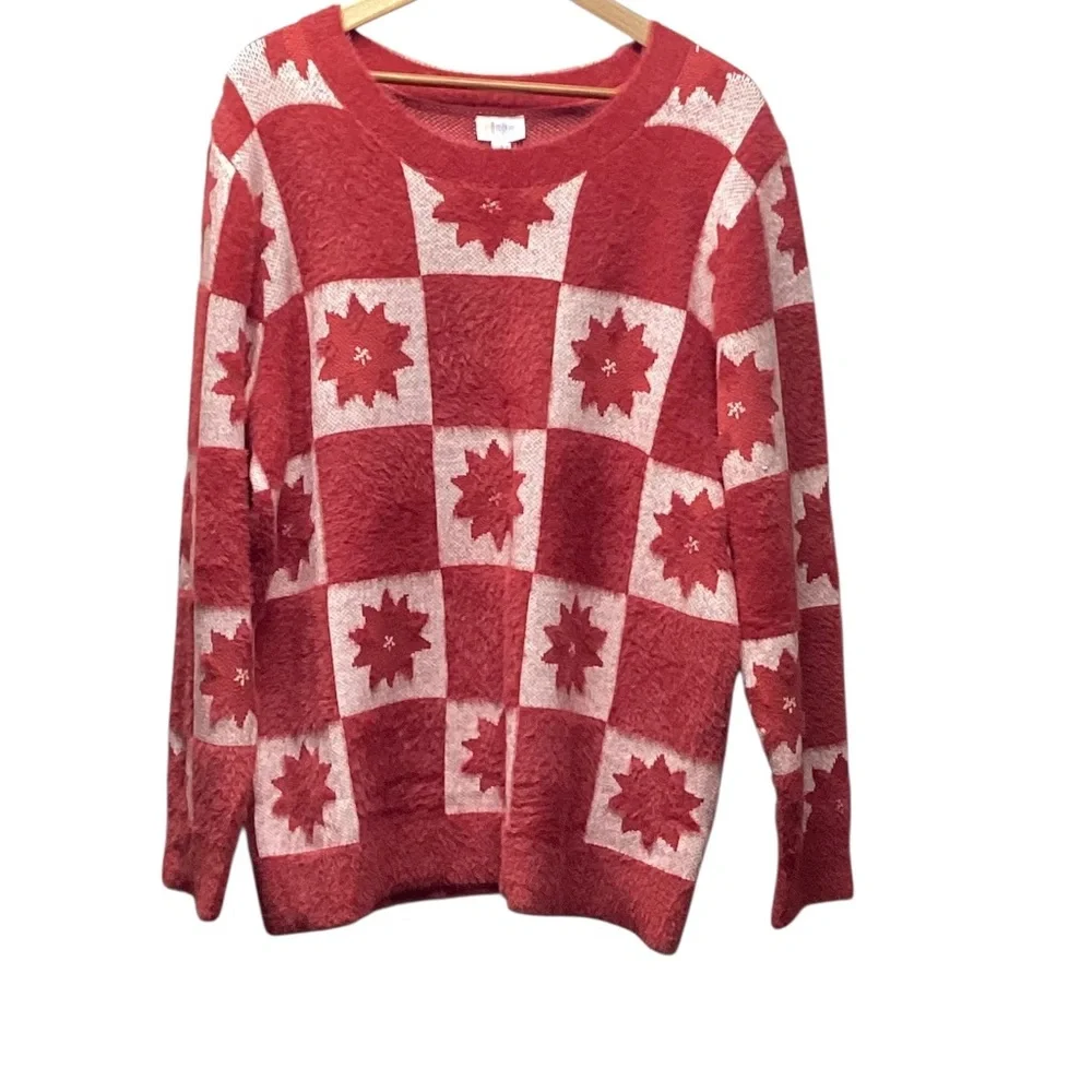 LulaRoe Holiday Poinsettia Red Check Eyelash Sweater. Size Large